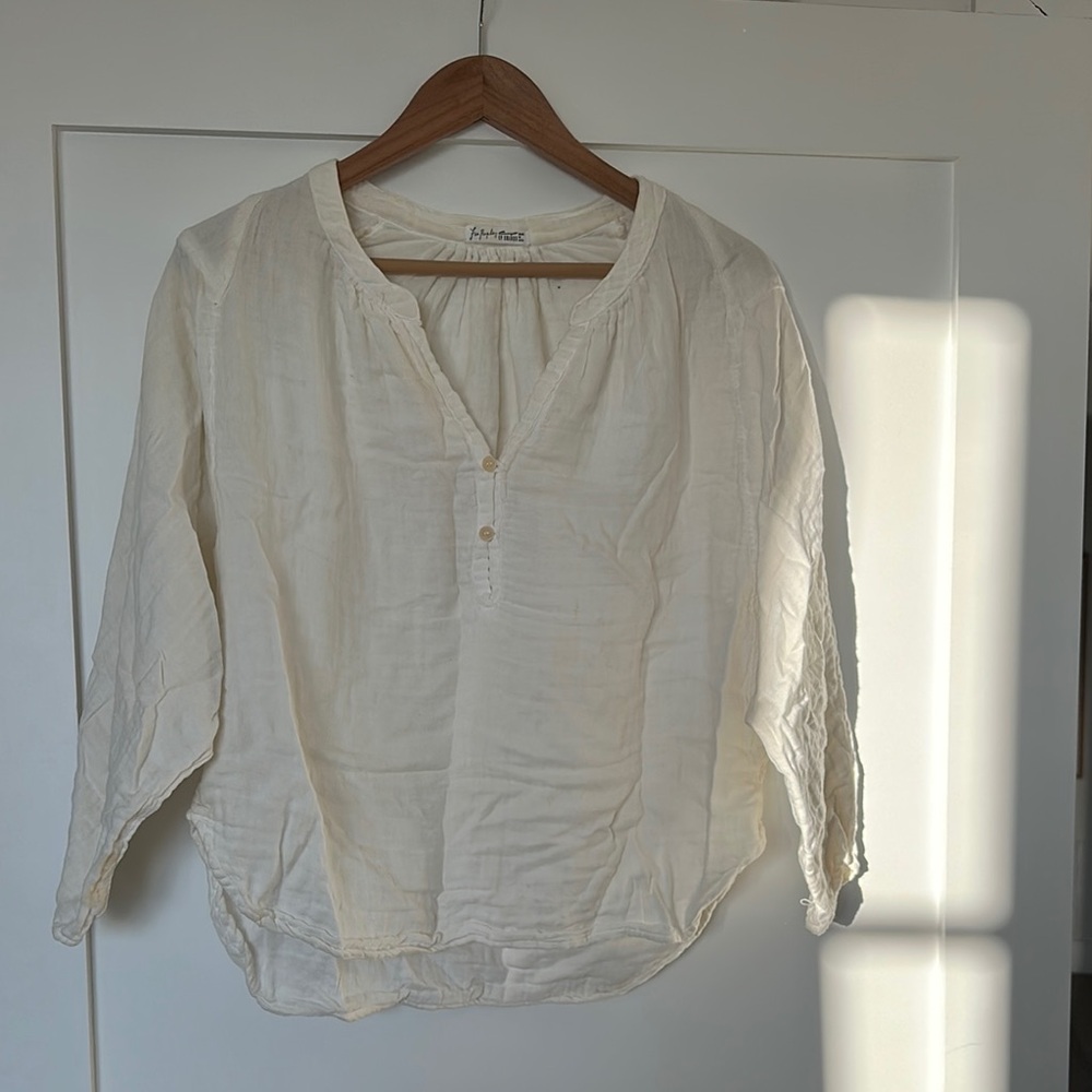 Free People Cream Relaxed Blouse with 3/4 Sleeves